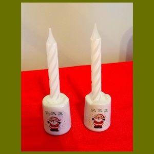 🎄Vintage 80s Christmas HO HO HO Santa Ceramic Mini Candle Holders set of 2❤️💚
